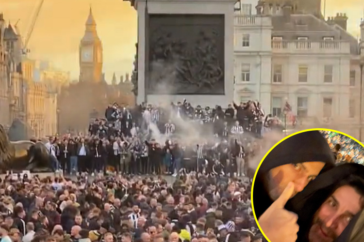Newcastle co-owners Mehrdad Ghodoussi and Jamie Reuben celebrate in Trafalgar Square as Toon Army party ahead of Carabao Cup final with Manchester United