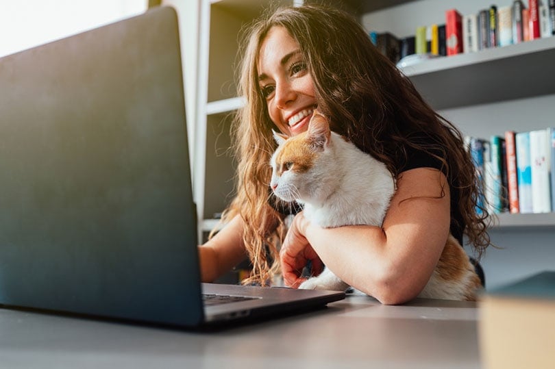 happy young caucasian woman with her cat using laptop at home