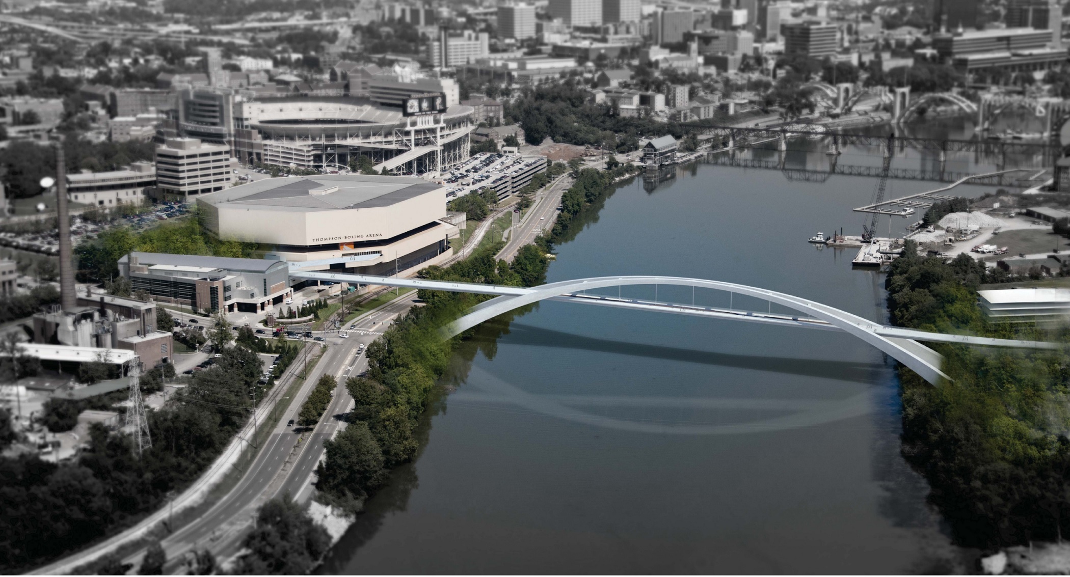 A proposed pedestrian bridge over the Tennessee River in Knoxville is expected to be a boost for University of Tennessee's student housing problems and a catalyst for economic development. (City of Knoxville)