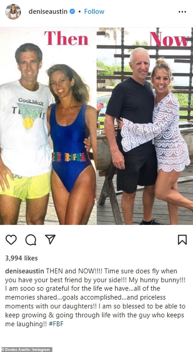 Times flies: Workout guru Denise Austin has shared a now and then photo with her husband. In one shot the lovebirds are seen in casual attire with her in a swimsuit. The next shot is more recent as they hug. She titled the side-by-side photos