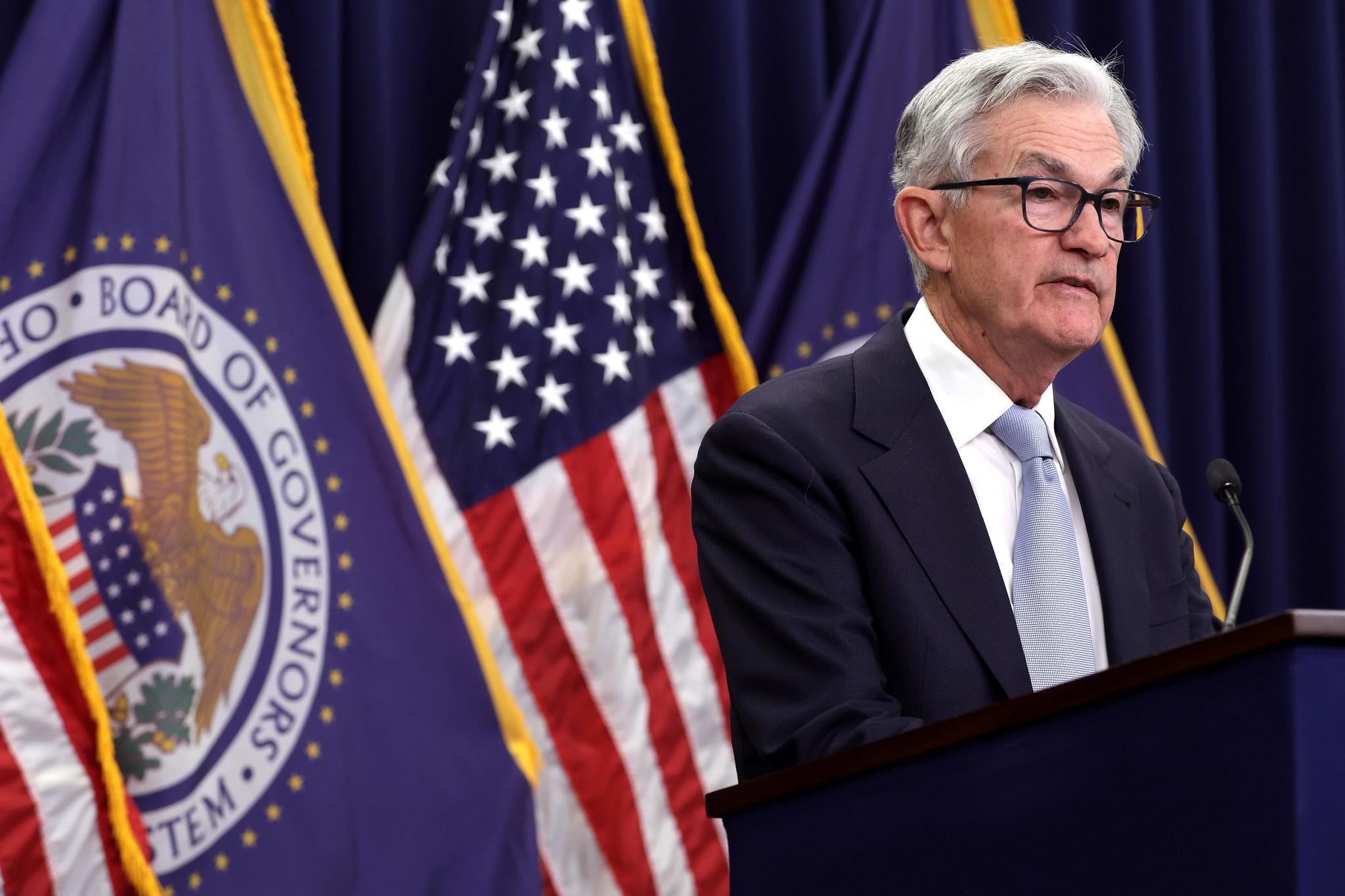 Federal Reserve Board Chairman Jerome Powell at Wednesday's news conference at the Federal Reserve. (Getty Images)