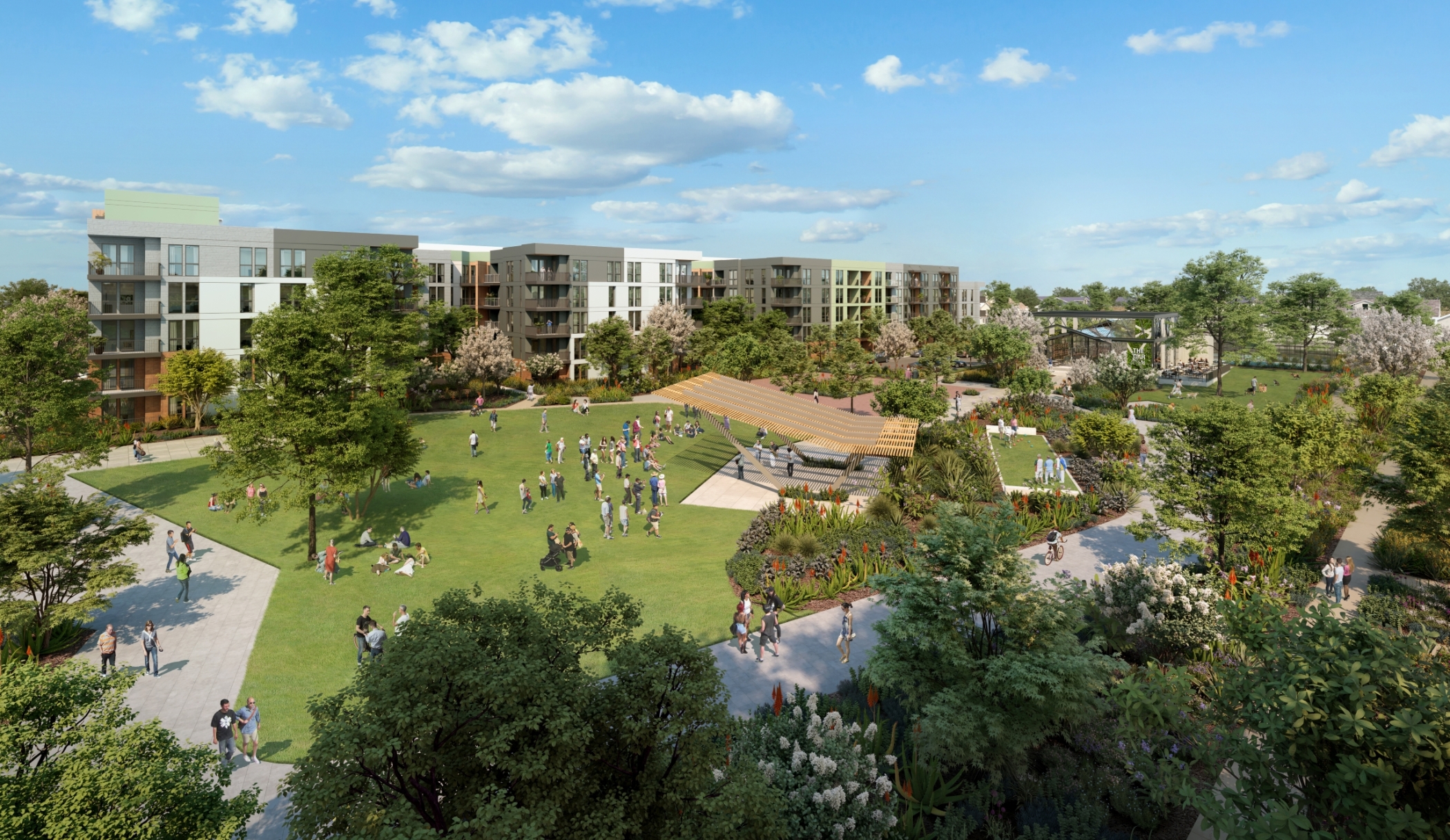 Shopoff Realty Investments is planning to redevelop a portion of the aging Westminster Mall in California's Orange County with new elements including apartments, for-sale townhouses and public gathering spaces. (Shopoff Realty Investments/AO Architecture)