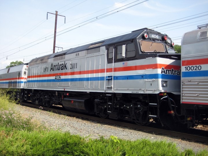 Amtrak train running on tracks