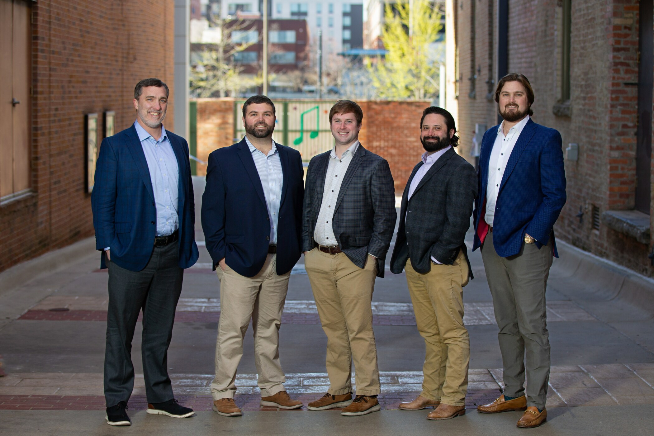 The five partners of Jones Aur Commercial Real Estate (from left) Dustin Jones, Kevin McCollum, Thomas Schmidt, Jacob Spears, and Jonathan Aur are set to expand into Arkansas by opening a new office in Little Rock this April. ( Jones Aur )<br>