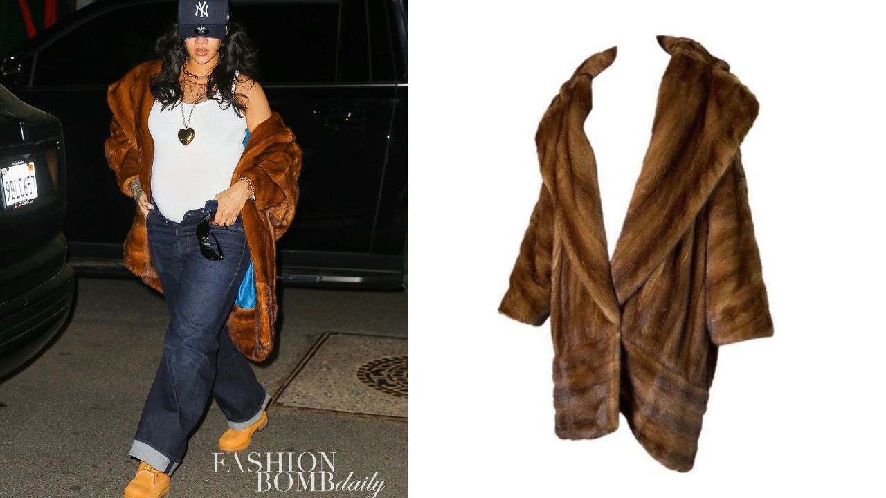 Rihanna Returns to New York in a Vintage John Galliano Mink Coat with a Quintessential Yankees Cap and Timberland Boots