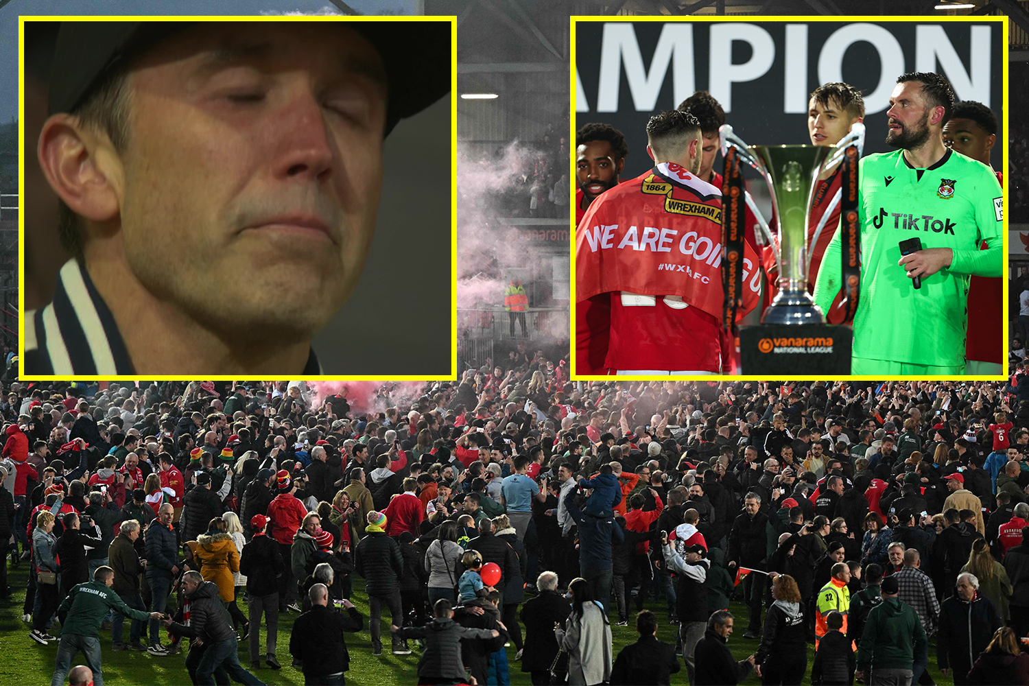 Ryan Reynolds puts head in his hands while Rob McElhenney wipes away tears as Wrexham fans storm pitch after securing long-awaited return to EFL
