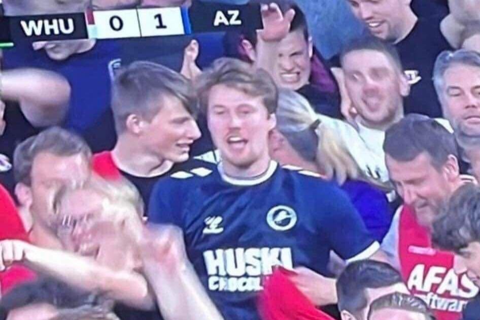 AZ Alkmaar supporter wears Millwall shirt in away end at West Ham as fans laud his 's***housery' during Europa Conference League semi-final