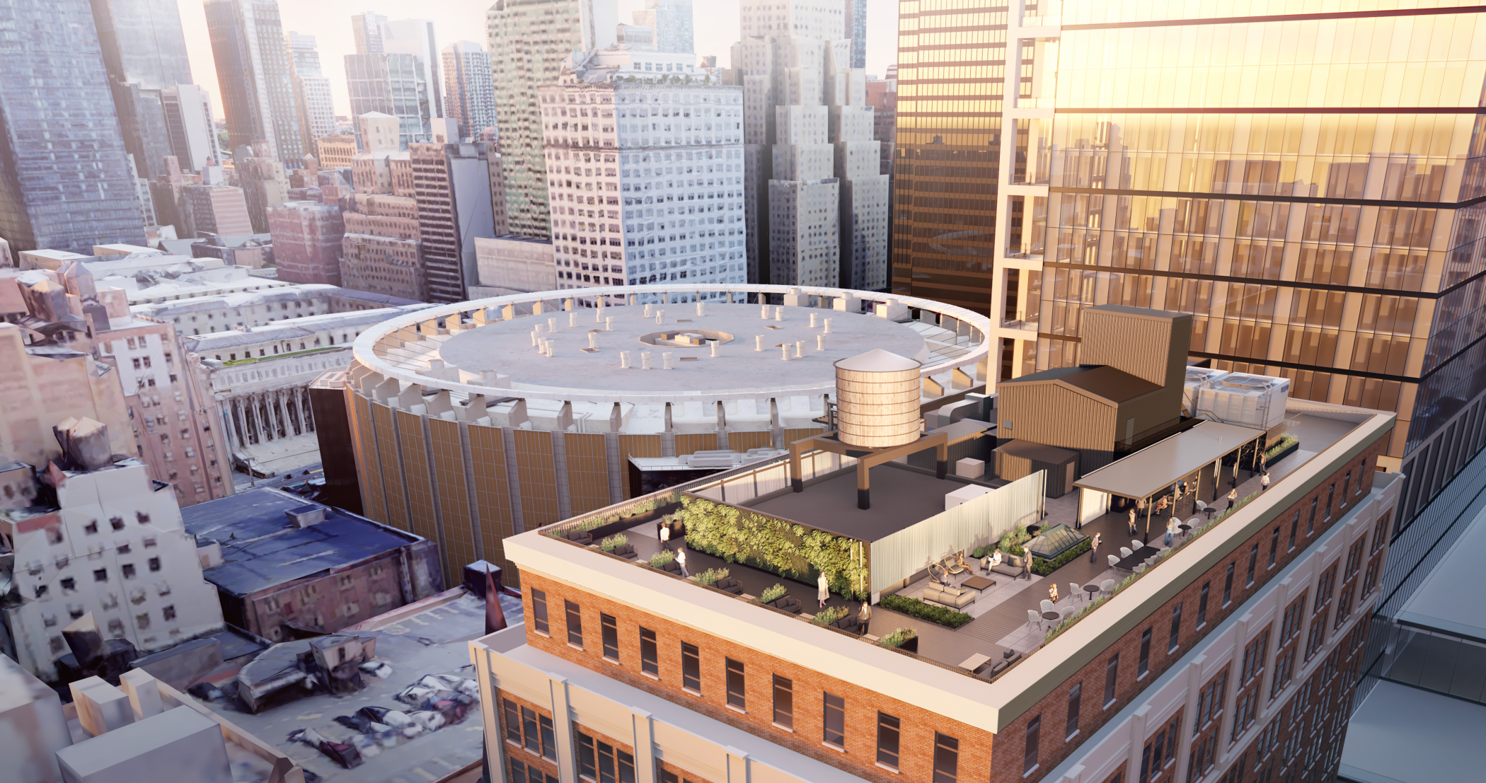 7 Penn Plaza’s overhaul will include a new rooftop, depicted in a rendering, overlooking Madison Square Garden. (The Feil Organization)