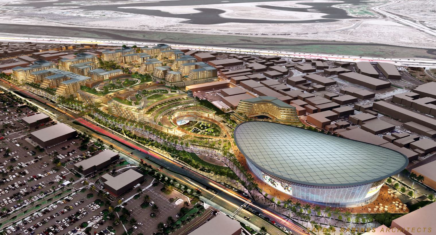 Plans for Midway Rising include replacing or renovating the aging San Diego Sports Arena and adding more than 4,000 apartments, along with retail and hotel components. (Midway Rising/Safdie Rabines Architects)