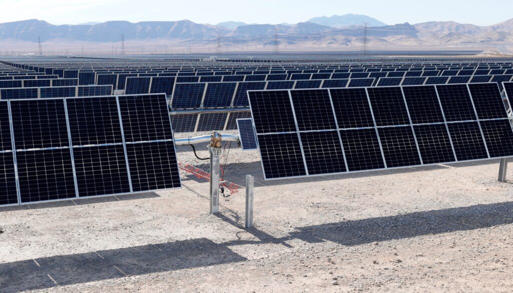 Solar panels are increasingly powering businesses, with MGM Resorts able to get about 35% of its energy use in Las Vegas from this solar panel field in Nevada. Now Crow Holdings has a new solar property business. (Getty Images)