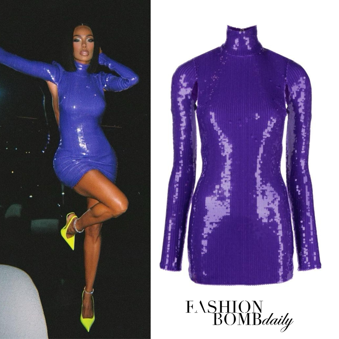 Erica Mena Attended ‘The Stepmother 3’ Movie Premiere in a Backless LaQuan Smith Purple Sequins Mini Dress and Neon Green Tom Ford Heels