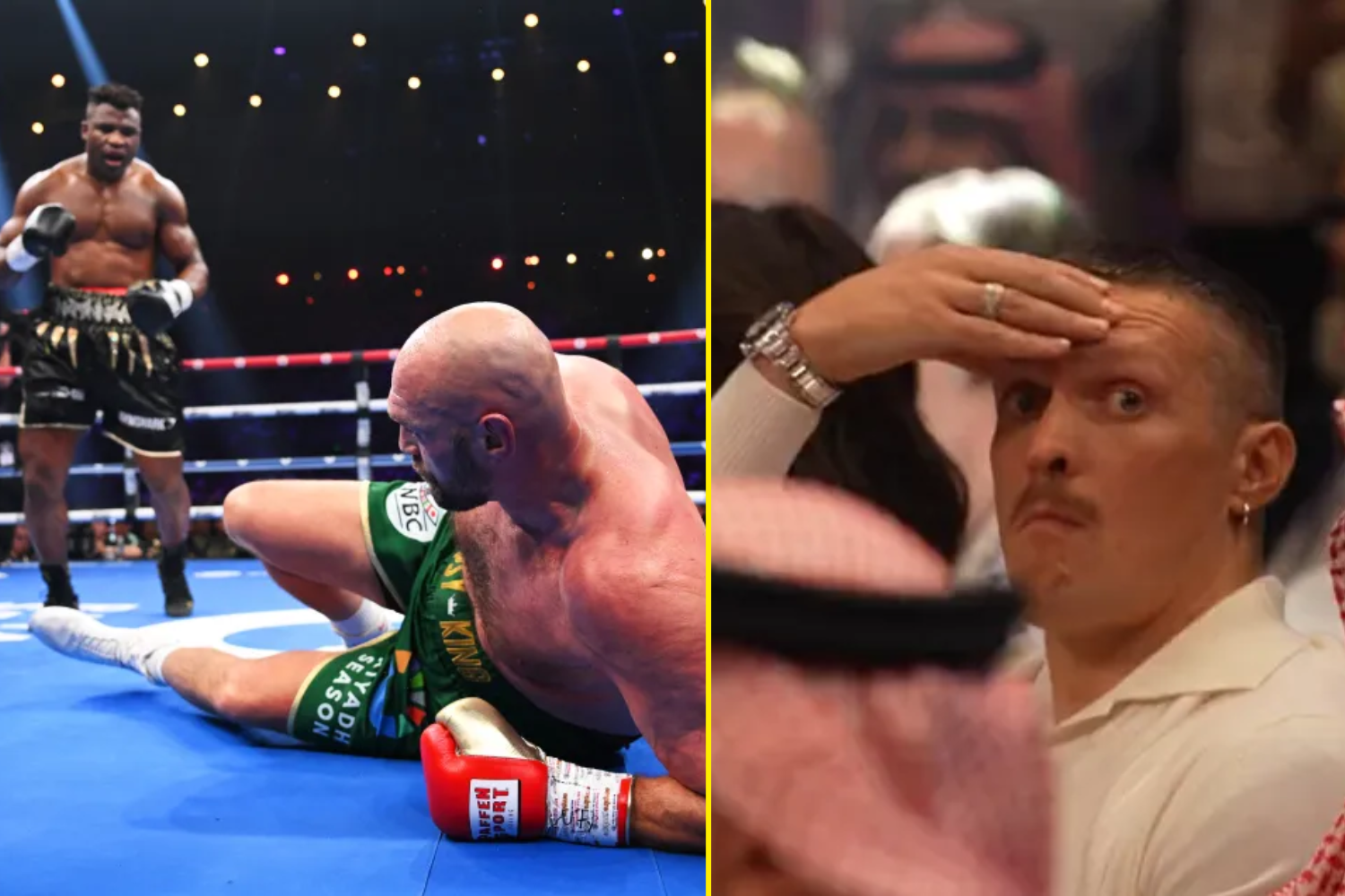Ringside footage caught Oleksandr Usyk's reaction to Tyson Fury being knocked down by Francis Ngannou