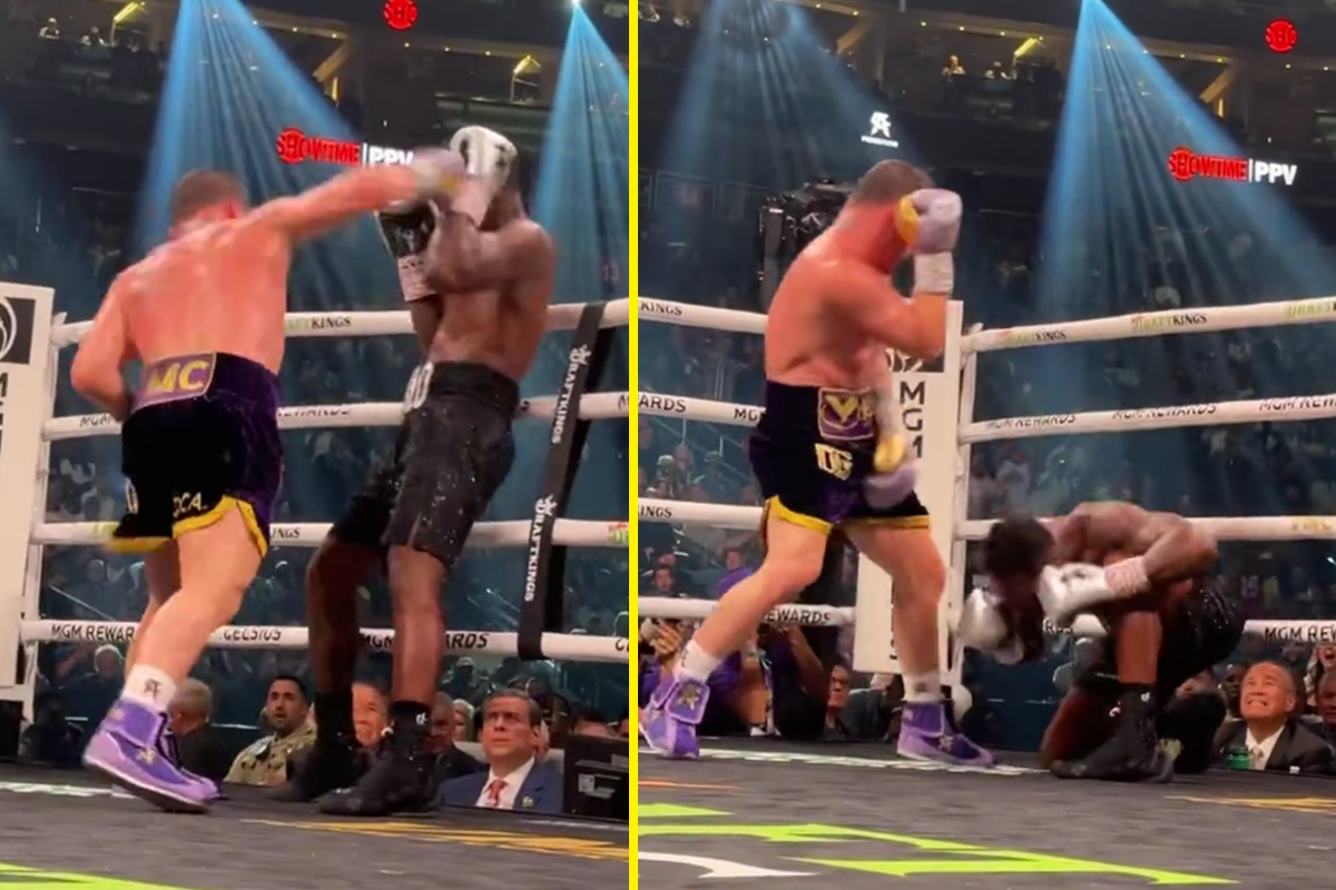 Ringside footage shows Canelo Alvarez flooring Jermell Charlo with brutal right hand in dominant decision win